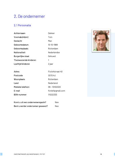 Personalia voorbeeld ondernemingsplan